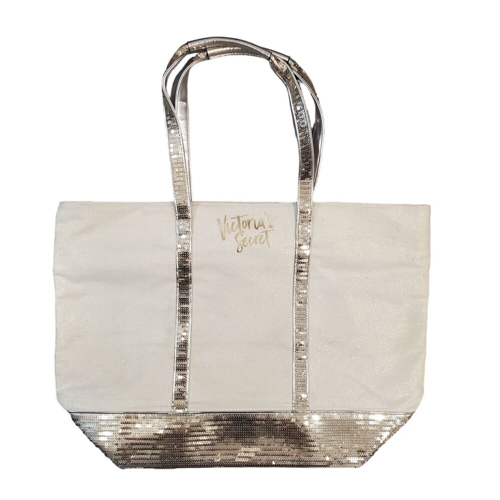 Victoria's Secret Gold Sequin Tote Bag With Double Handles and Zipper Closure